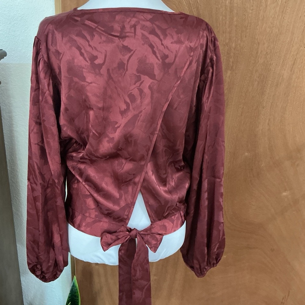 LUCCA Jacquard Satin Floral Wine Blouse Bow Tie M Coquette Fairy Dark Academia - Picture 7 of 15